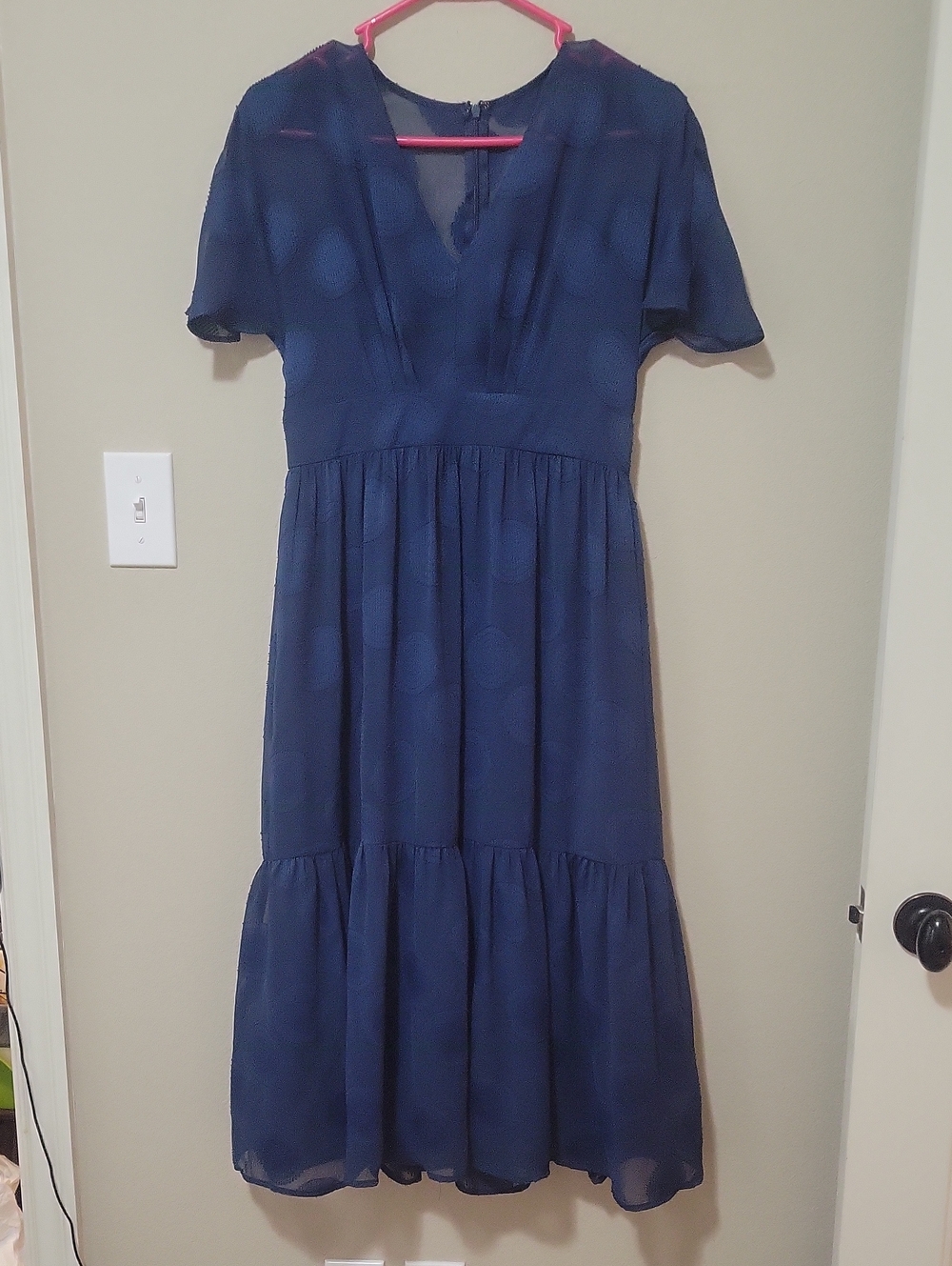 Maggy London Navy Blue V-Neck Tiered Midi Dress